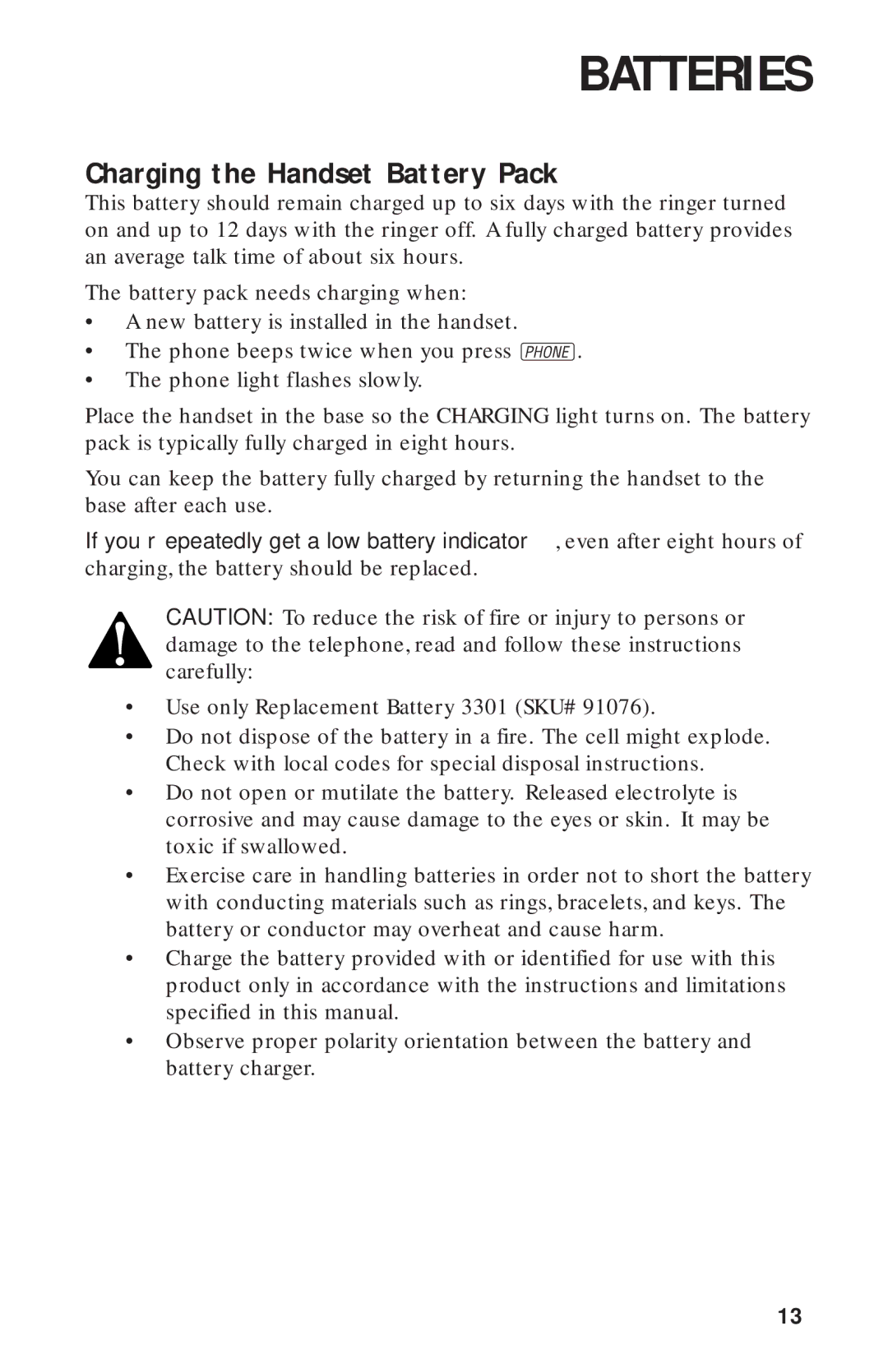 AT&T 9311 user manual Batteries, Charging the Handset Battery Pack 