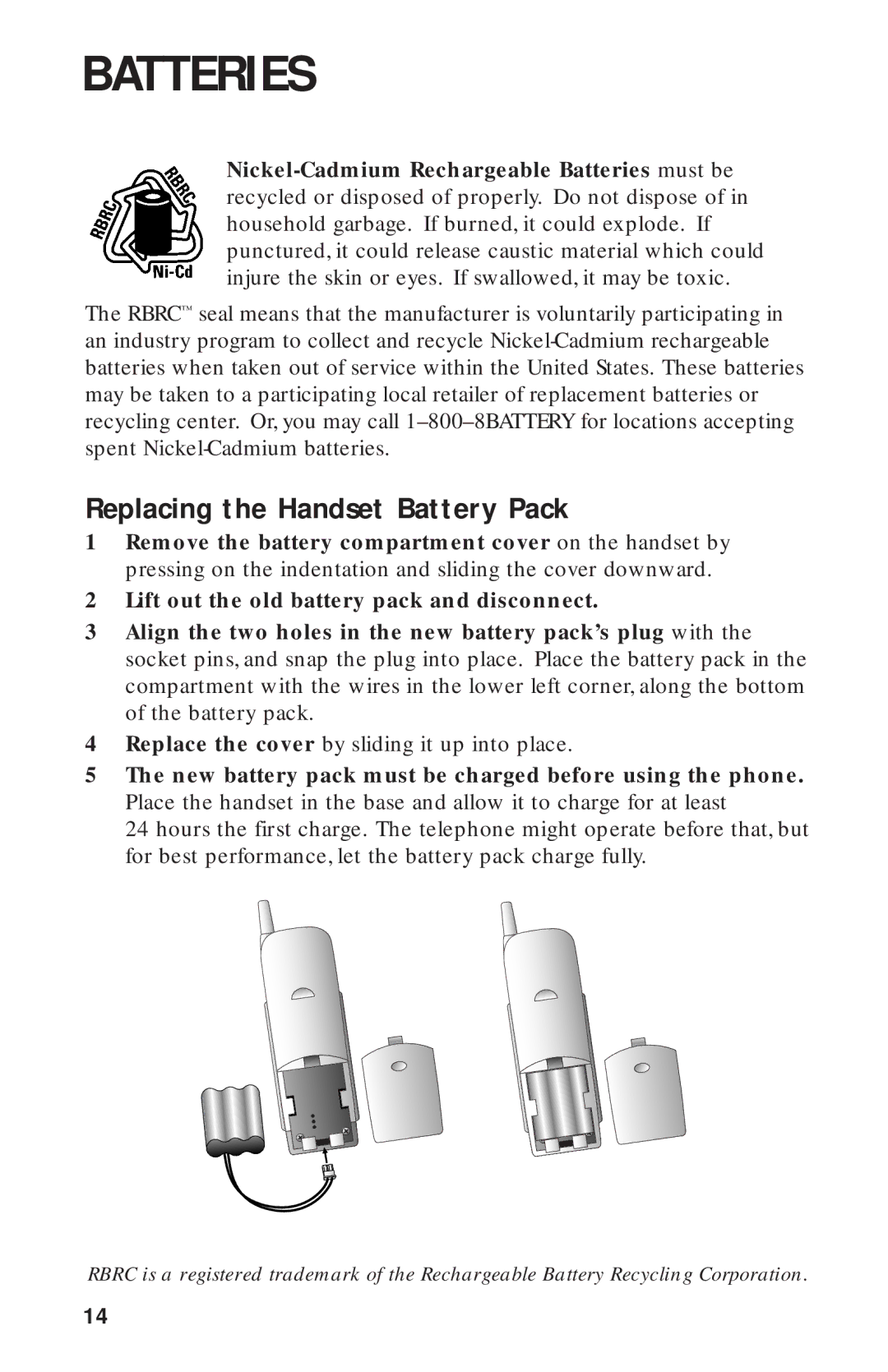 AT&T 9311 user manual Replacing the Handset Battery Pack 