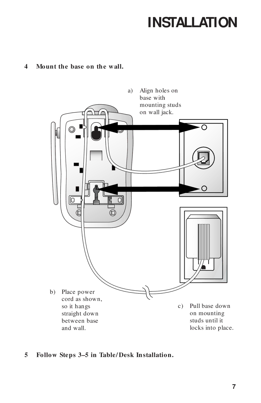 AT&T 9311 user manual Mount the base on the wall, Follow Steps 3-5 in Table/Desk Installation 