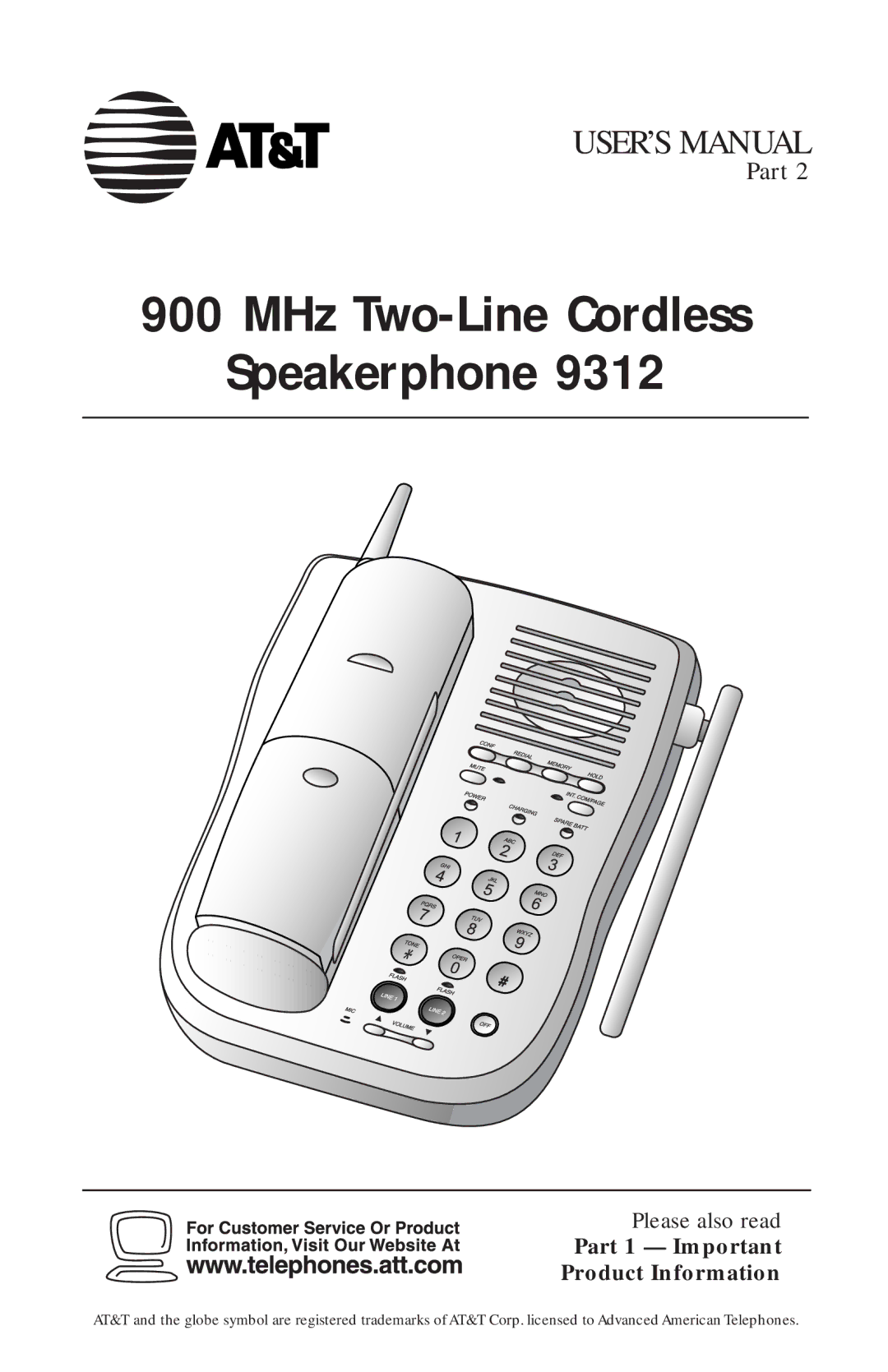 AT&T 9312 user manual MHz Two-Line Cordless Speakerphone, Part 1 Important Product Information 