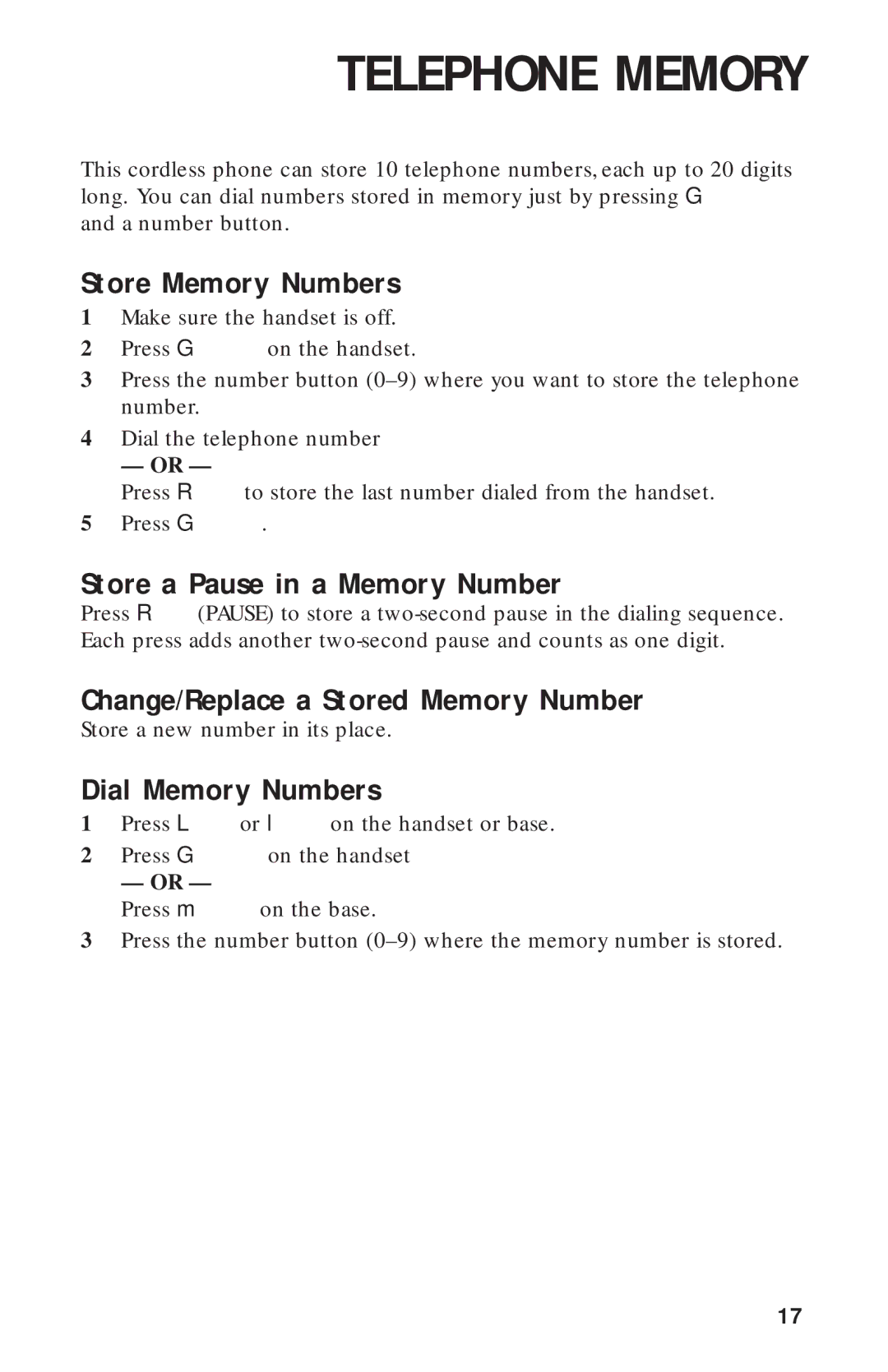 AT&T 9312 Telephone Memory, Store Memory Numbers, Store a Pause in a Memory Number, Change/Replace a Stored Memory Number 