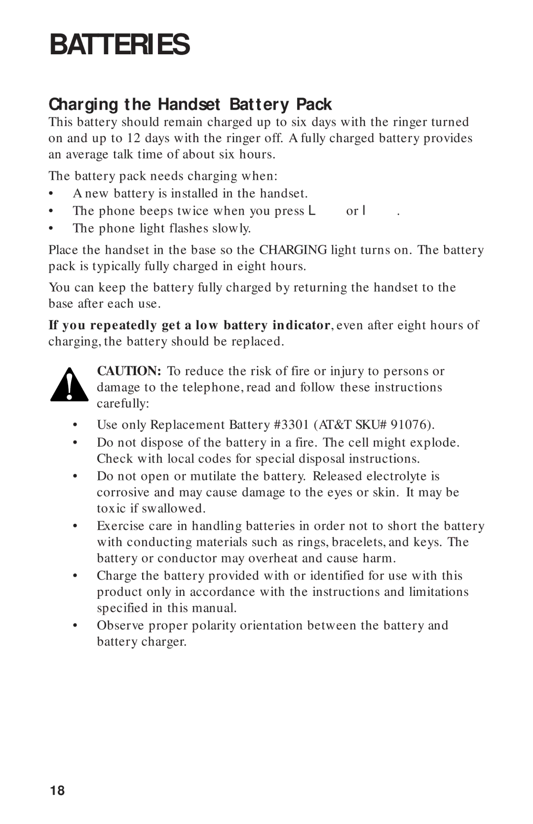 AT&T 9312 user manual Batteries, Charging the Handset Battery Pack 