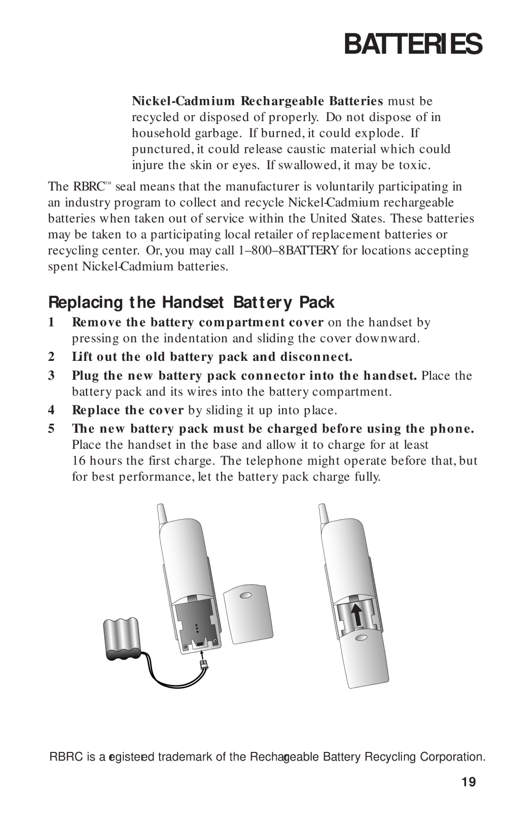 AT&T 9312 user manual Replacing the Handset Battery Pack 