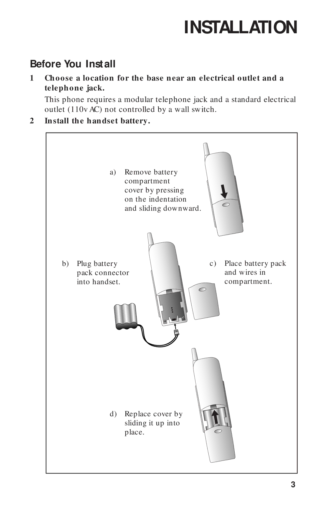 AT&T 9312 user manual Installation, Before You Install, Install the handset battery 