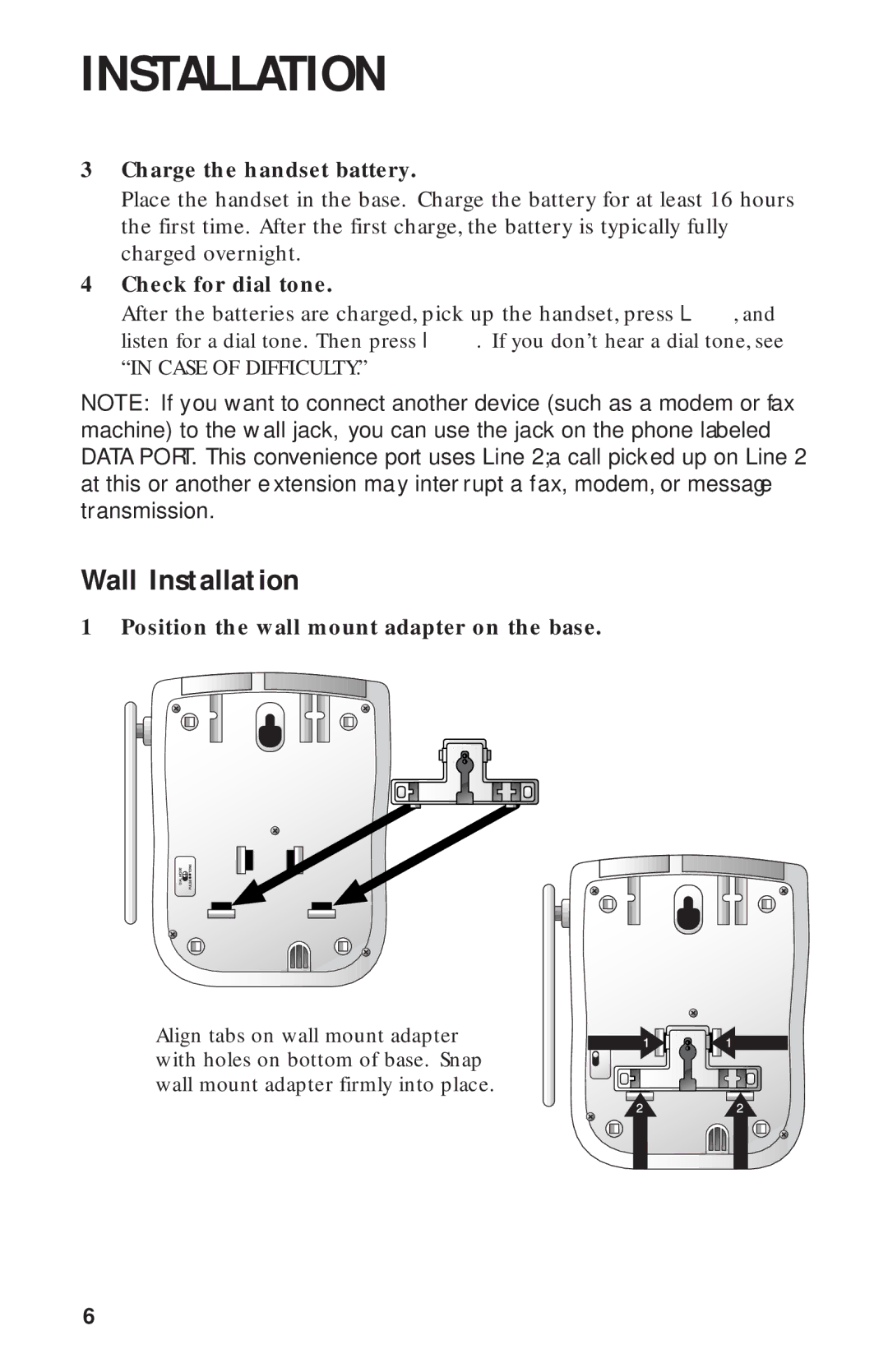 AT&T 9312 Wall Installation, Charge the handset battery, Check for dial tone, Position the wall mount adapter on the base 