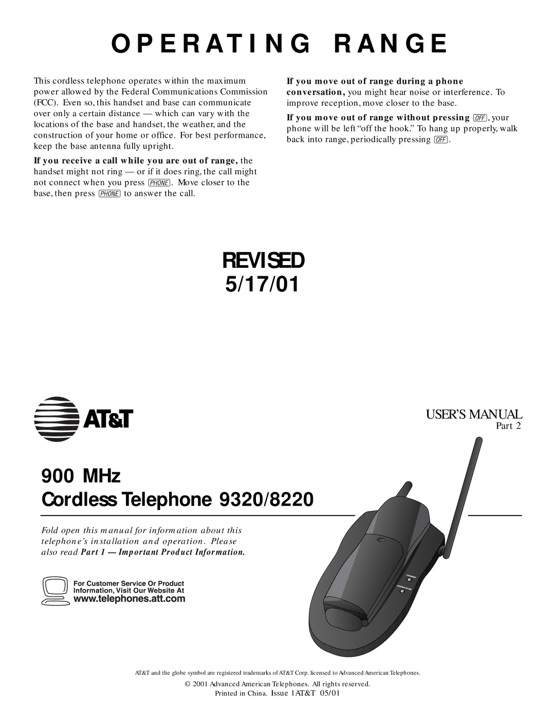 AT&T 9320/8220 user manual E R a T I N G R a N G E, Also read Part 1 Important Product Information 