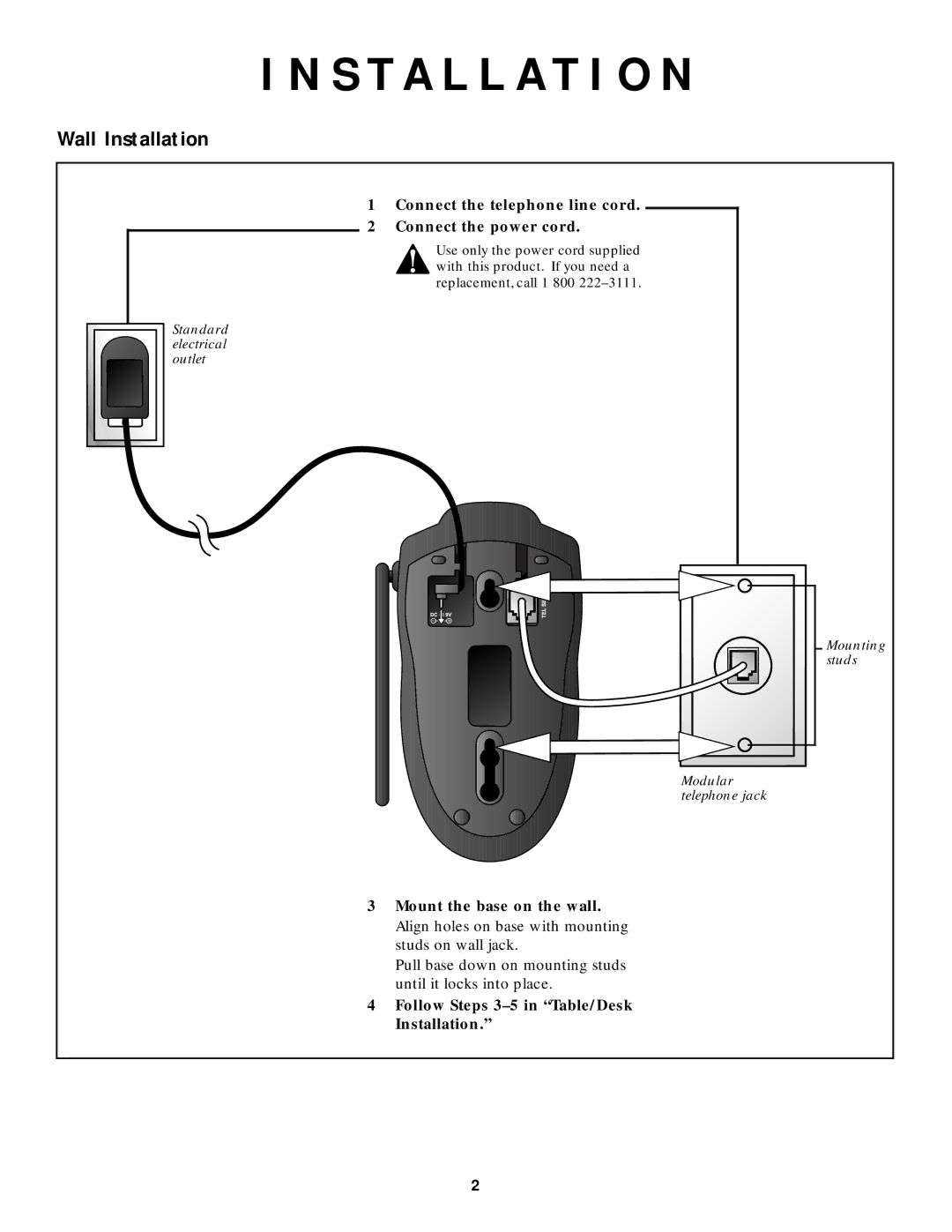 AT&T 9320/8220 user manual Wall Installation, Connect the telephone line cord Connect the power cord 