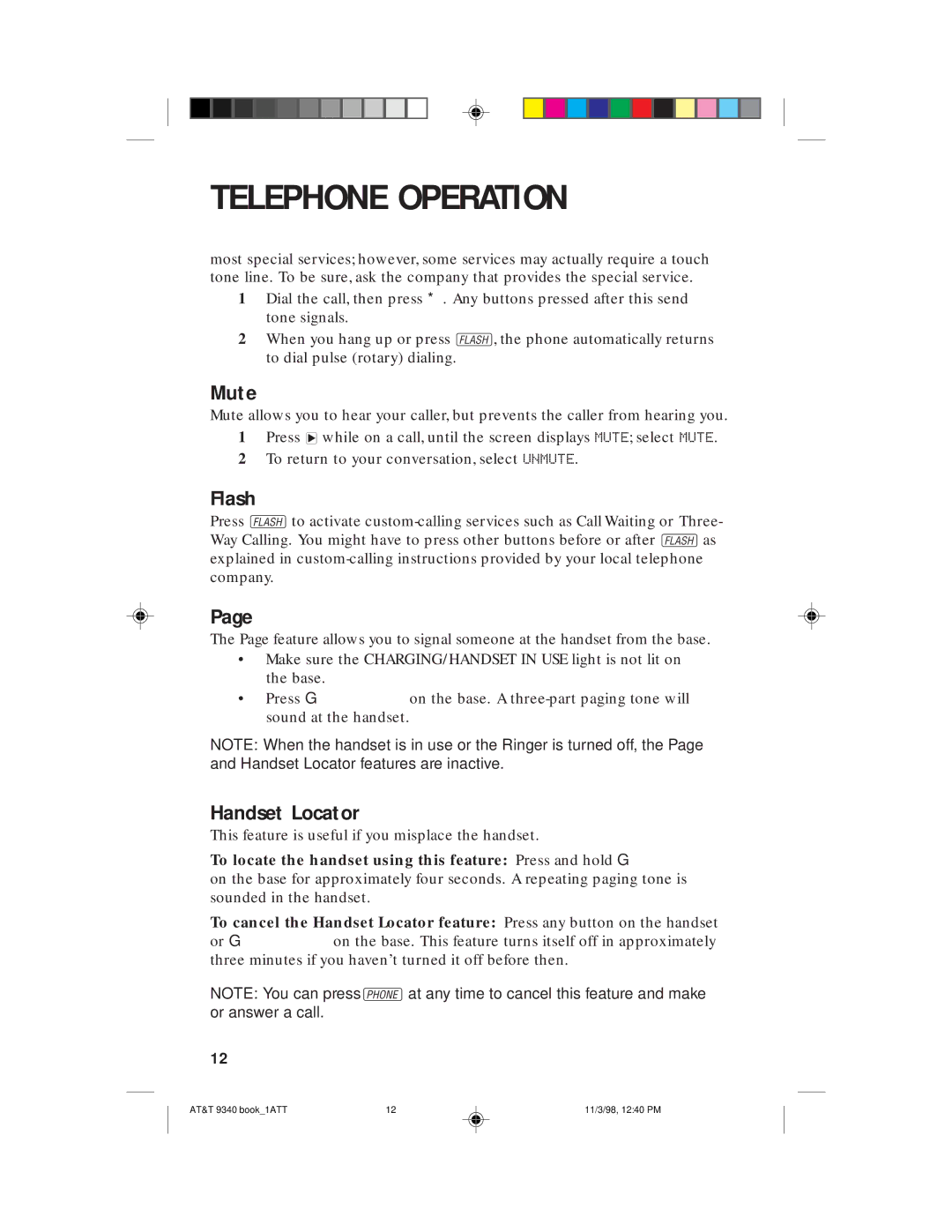 AT&T 9340 user manual Mute, Flash, Handset Locator 