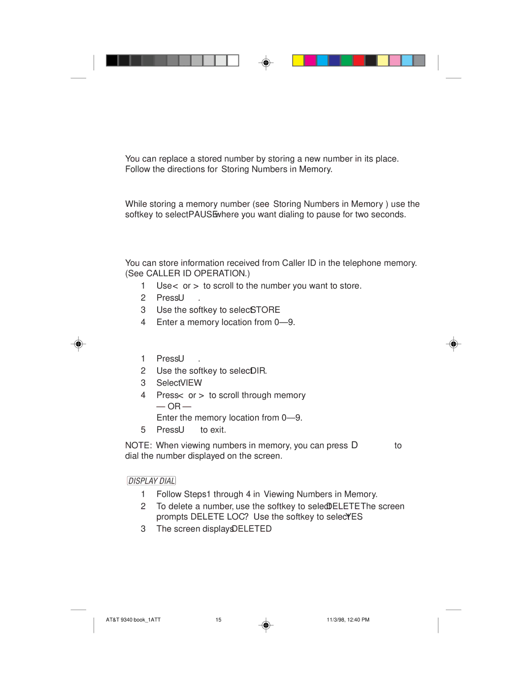 AT&T 9340 user manual Replacing a Stored Number, Storing a Pause in a Memory Number, Viewing Numbers in Memory 