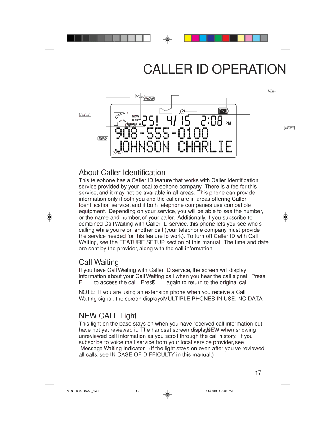 AT&T 9340 user manual Caller ID Operation, About Caller Identification, Call Waiting, NEW Call Light 