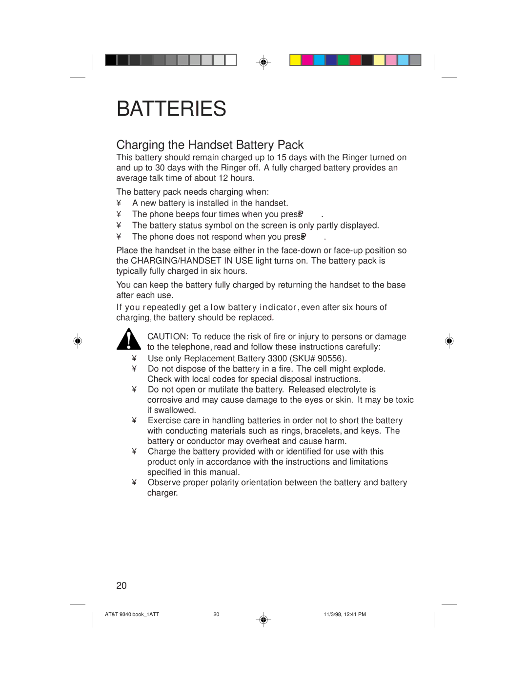 AT&T 9340 user manual Batteries, Charging the Handset Battery Pack 