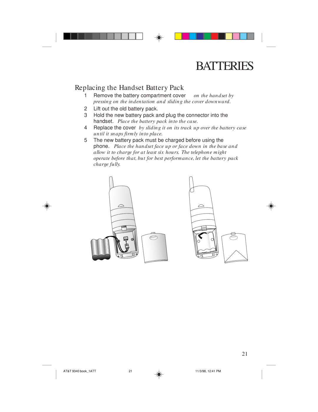 AT&T 9340 user manual Replacing the Handset Battery Pack 