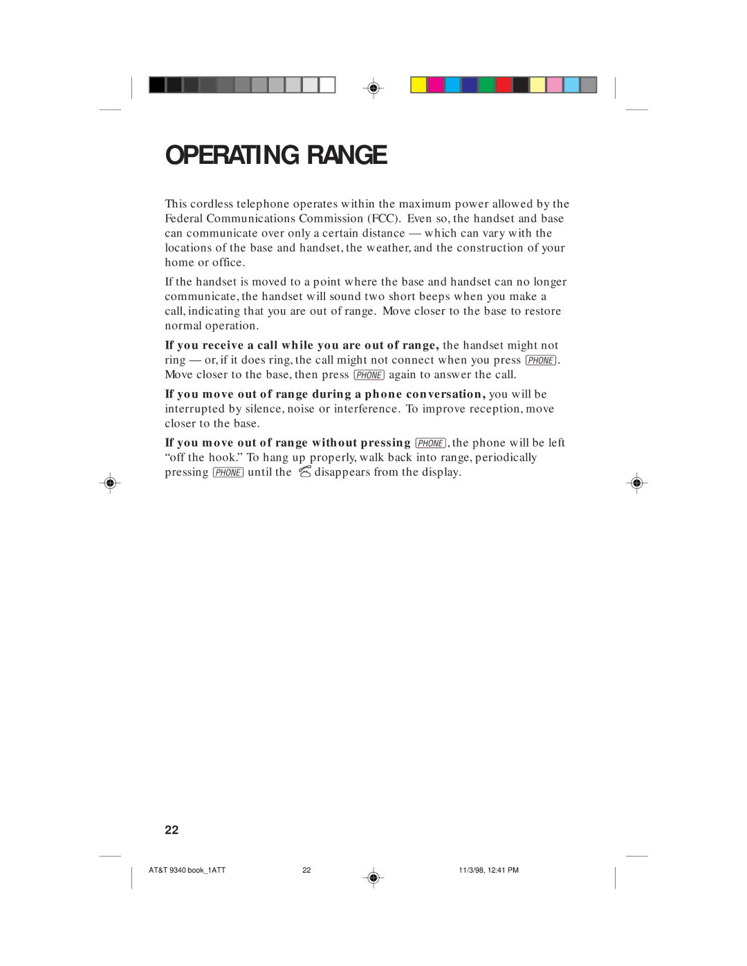 AT&T 9340 user manual Operating Range 