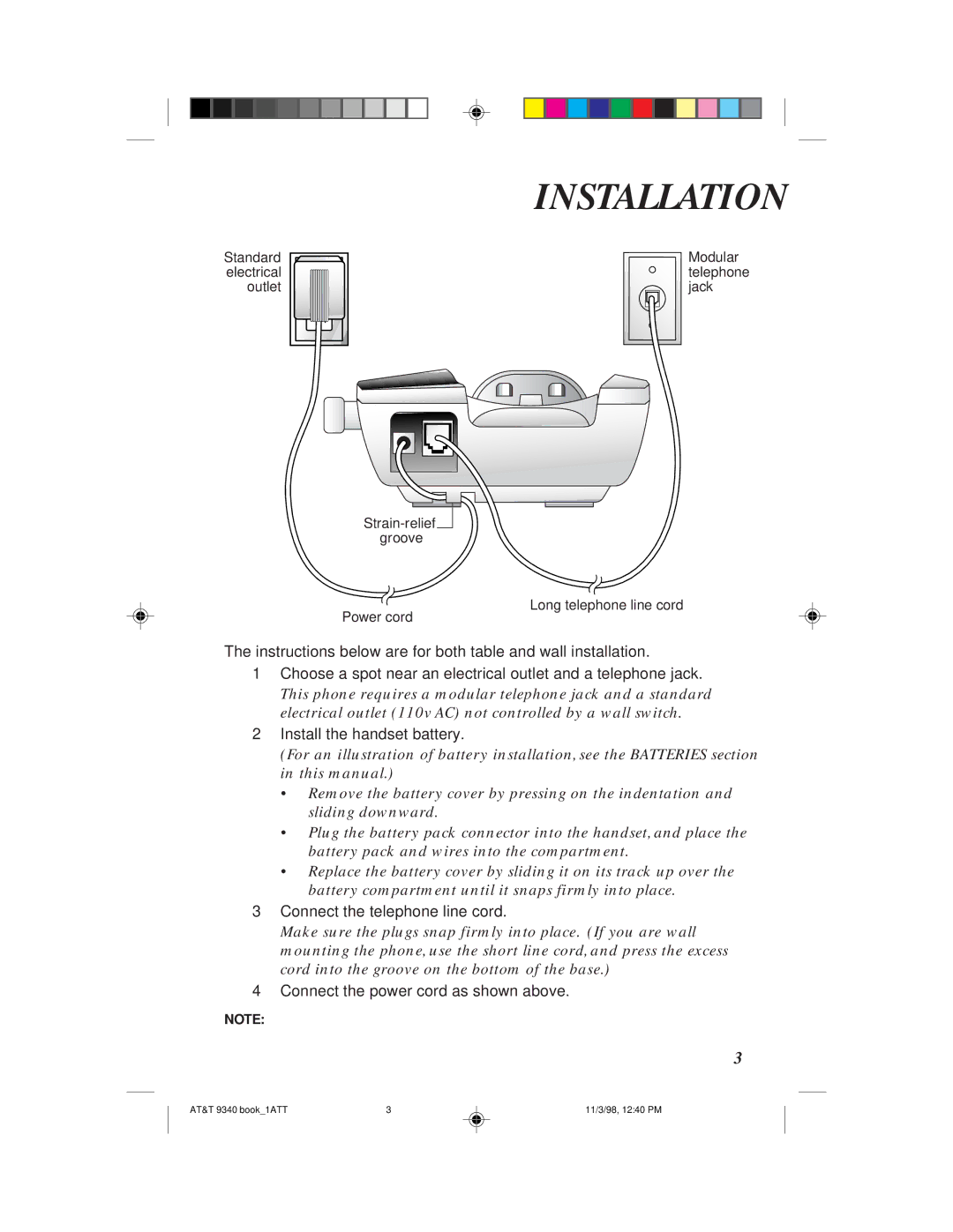 AT&T 9340 user manual Installation, Connect the telephone line cord 