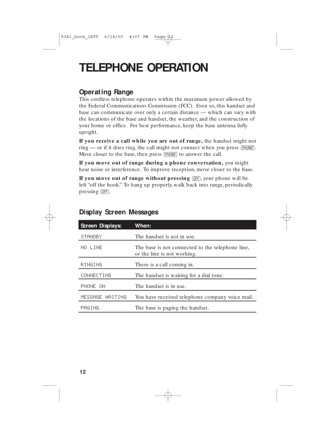 AT&T 9341 user manual Operating Range, Display Screen Messages 