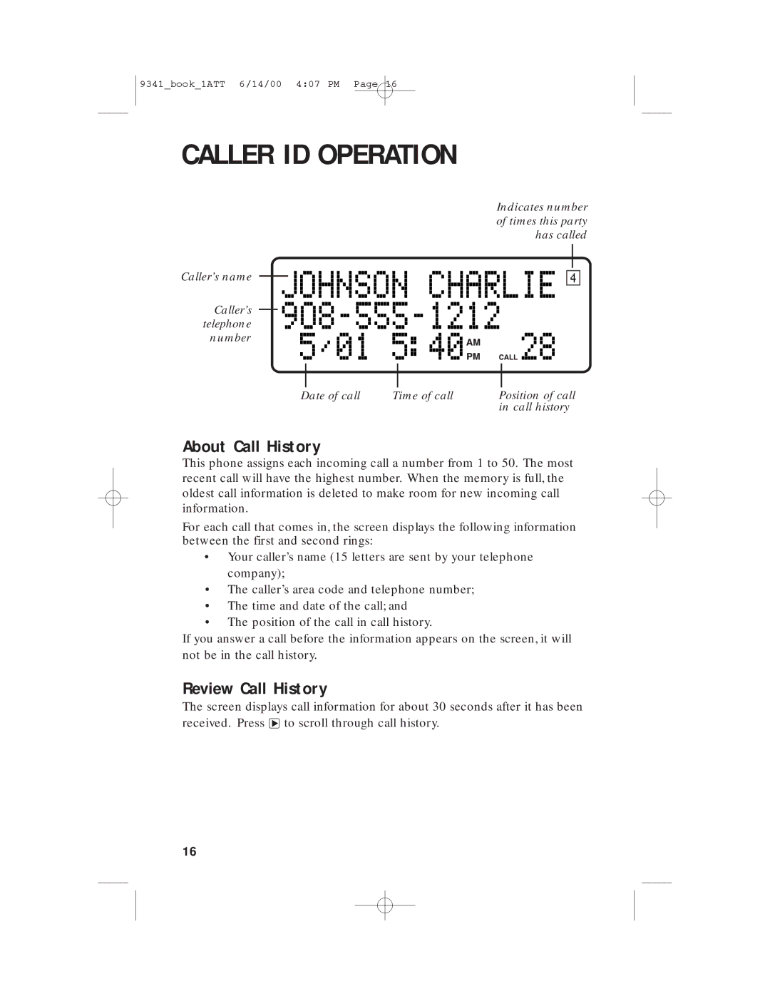 AT&T 9341 user manual Caller ID Operation, About Call History, Review Call History 