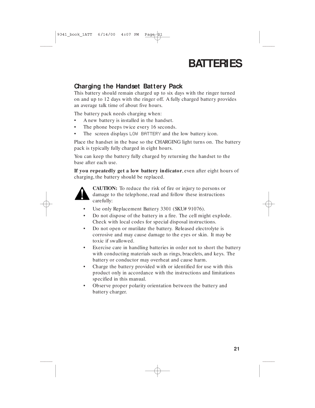 AT&T 9341 user manual Batteries, Charging the Handset Battery Pack 