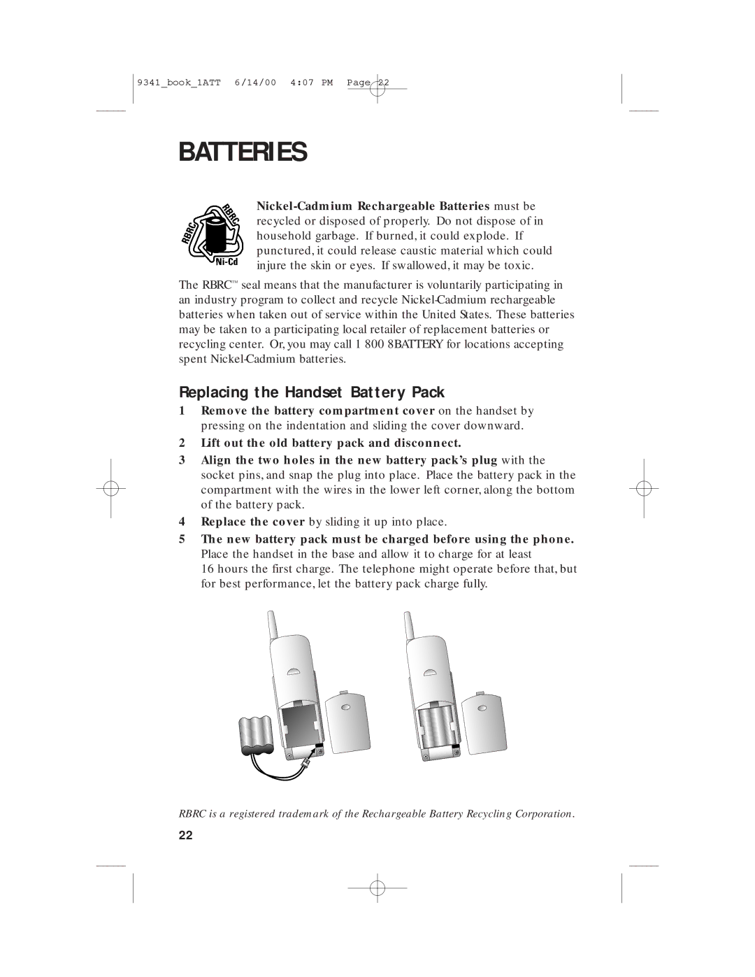 AT&T 9341 user manual Replacing the Handset Battery Pack 