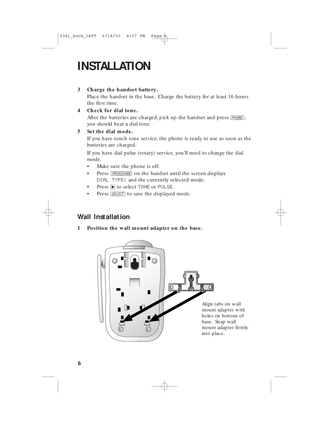 AT&T 9341 user manual Wall Installation, Check for dial tone 