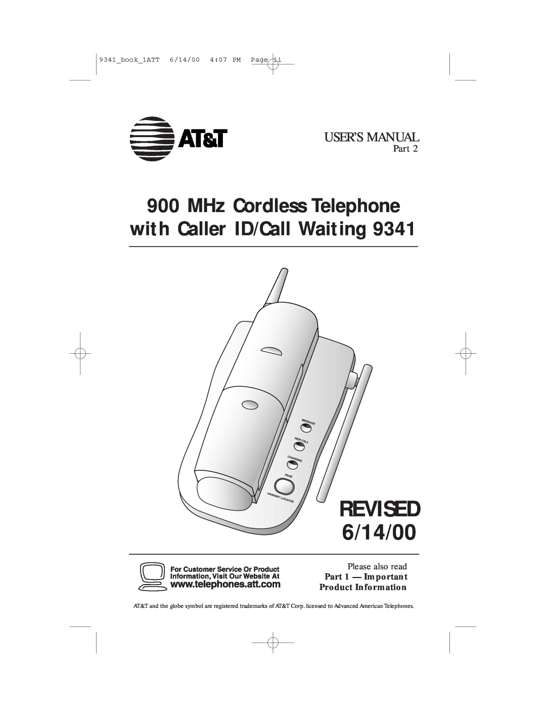 AT&T 9341 user manual MHz Cordless Telephone with Caller ID/Call Waiting, Part 1 - Important Product Information 