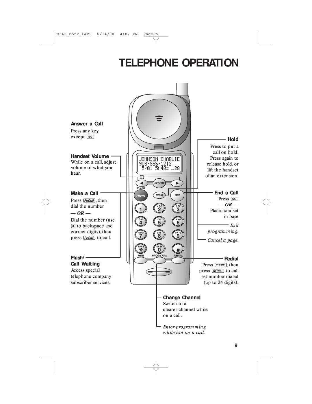 AT&T 9341 Telephone Operation, Answer a Call, Handset Volume, Make a Call, Flash Call Waiting, Hold, End a Call, Redial 