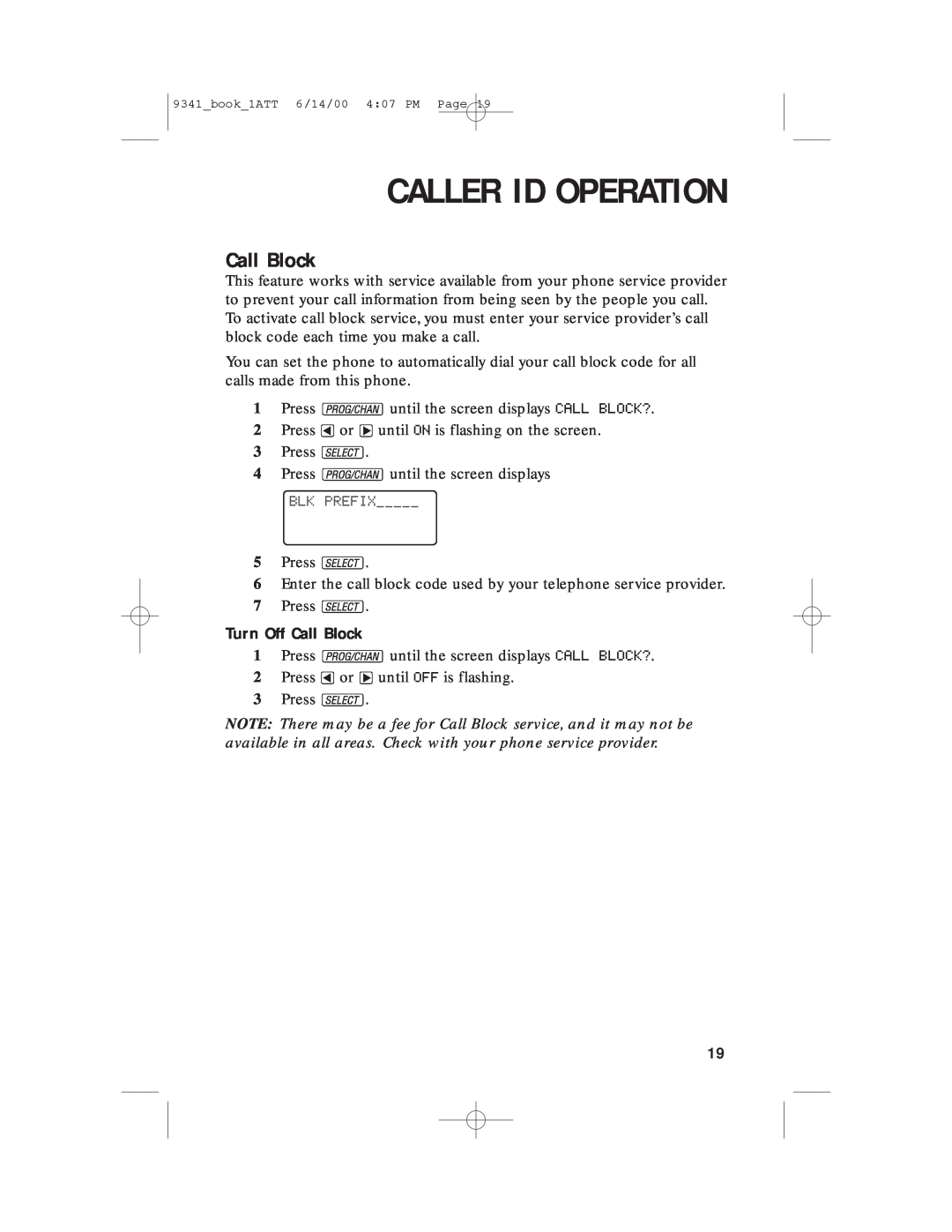 AT&T 9341 user manual Turn Off Call Block, Caller Id Operation 