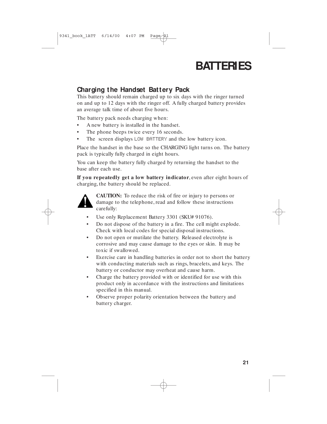AT&T 9341 user manual Batteries, Charging the Handset Battery Pack 