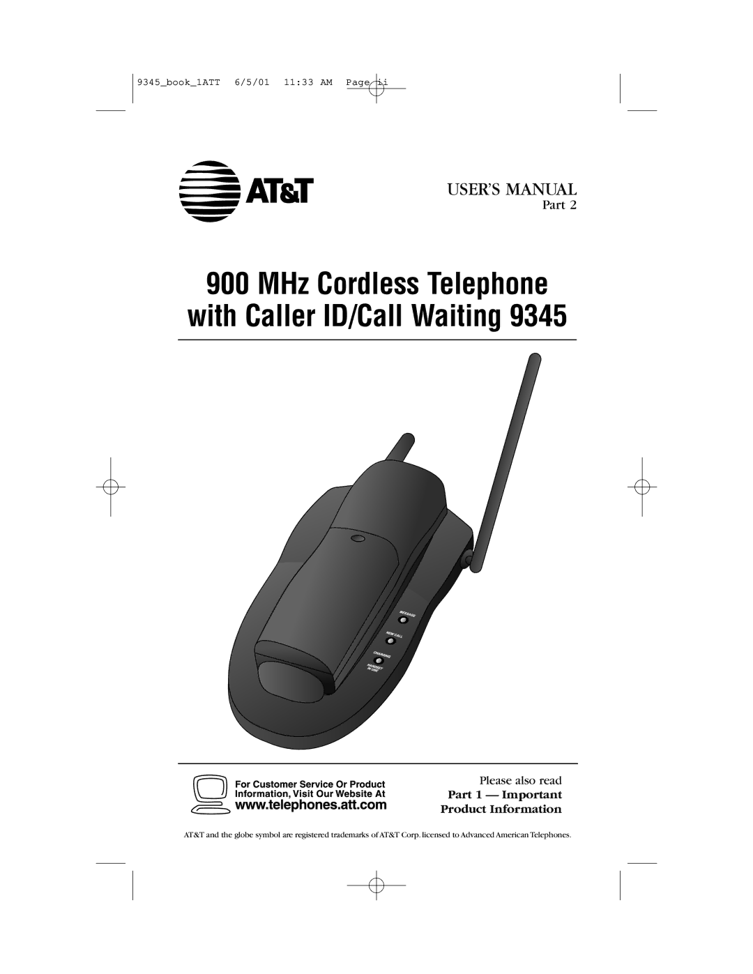 AT&T 9345 user manual MHz Cordless Telephone with Caller ID/Call Waiting 