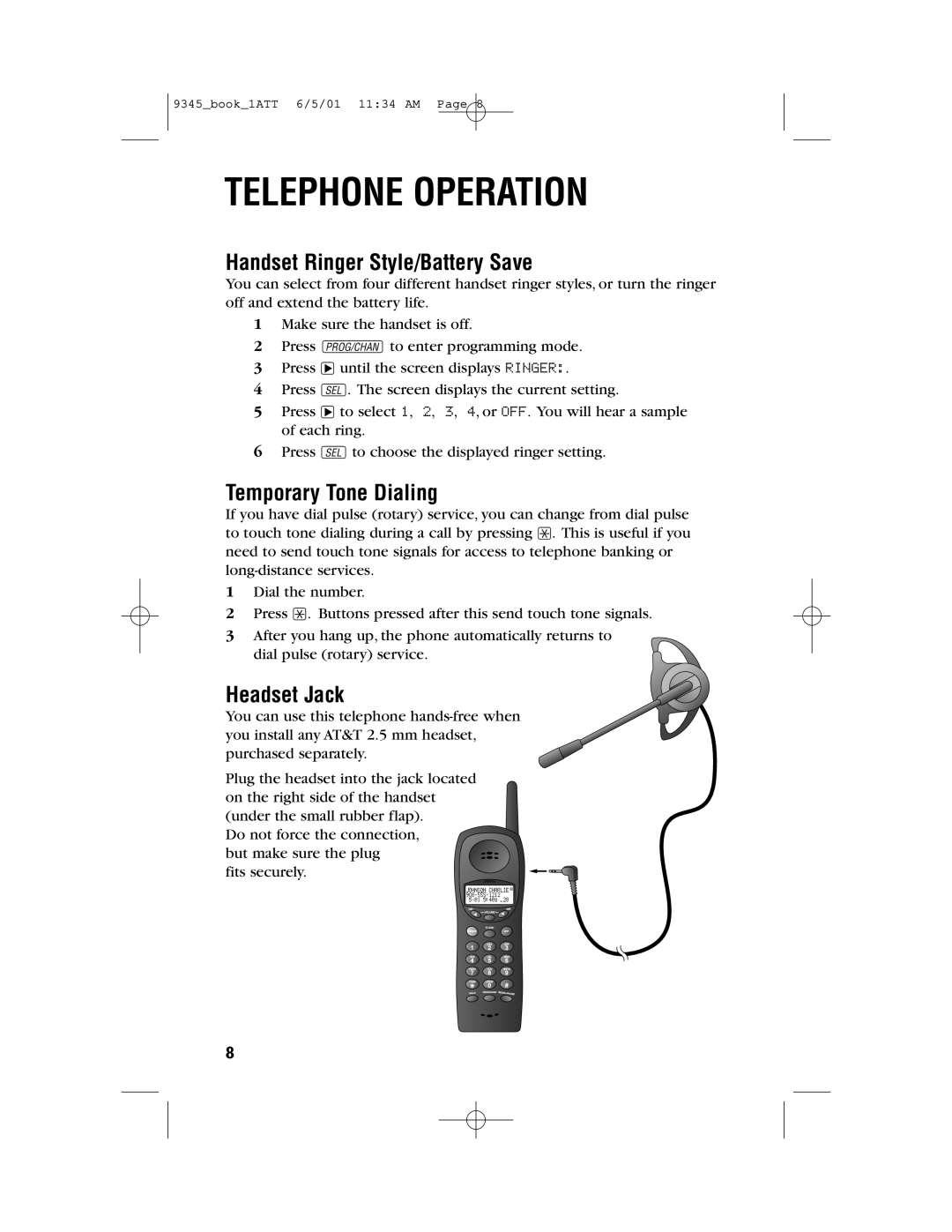 AT&T 9345 user manual Handset Ringer Style/Battery Save, Temporary Tone Dialing, Headset Jack 