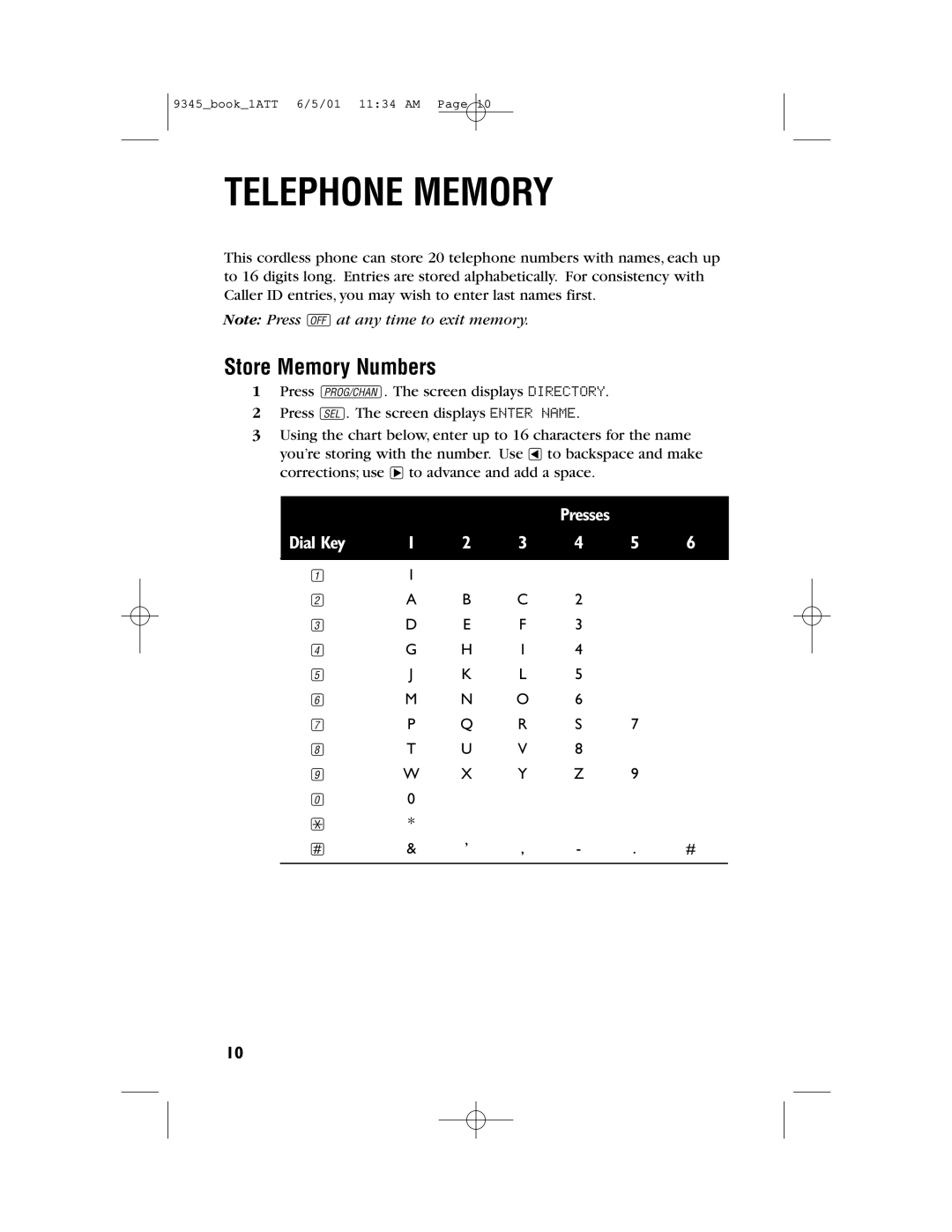 AT&T 9345 user manual Telephone Memory, Store Memory Numbers 