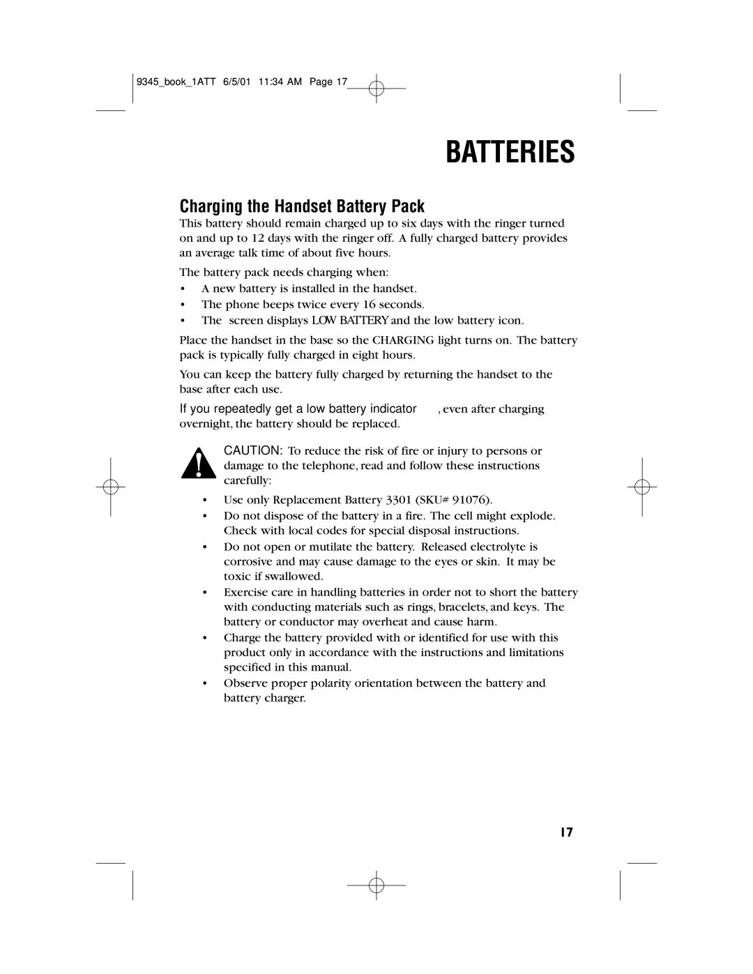 AT&T 9345 user manual Batteries, Charging the Handset Battery Pack 