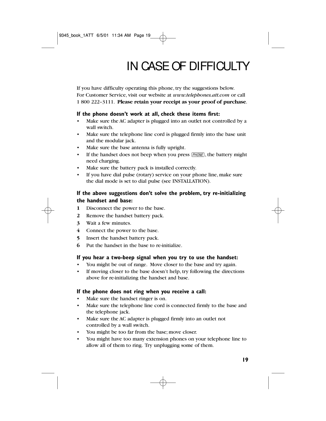 AT&T 9345 user manual Case of Difficulty, If the phone doesn’t work at all, check these items first 