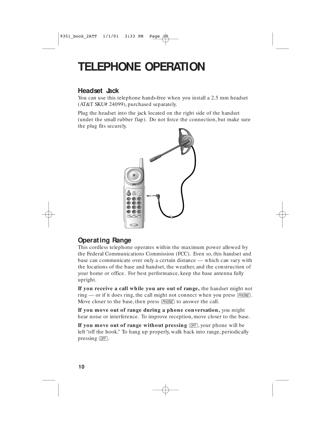 AT&T 9351 user manual Headset Jack, Operating Range 