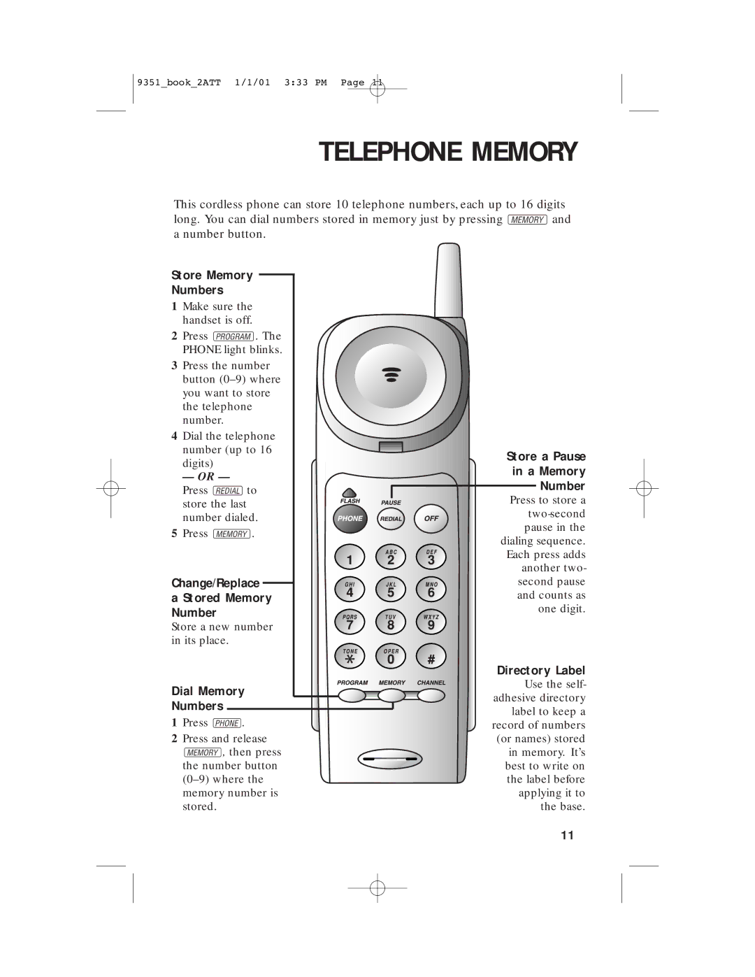 AT&T 9351 user manual Telephone Memory 