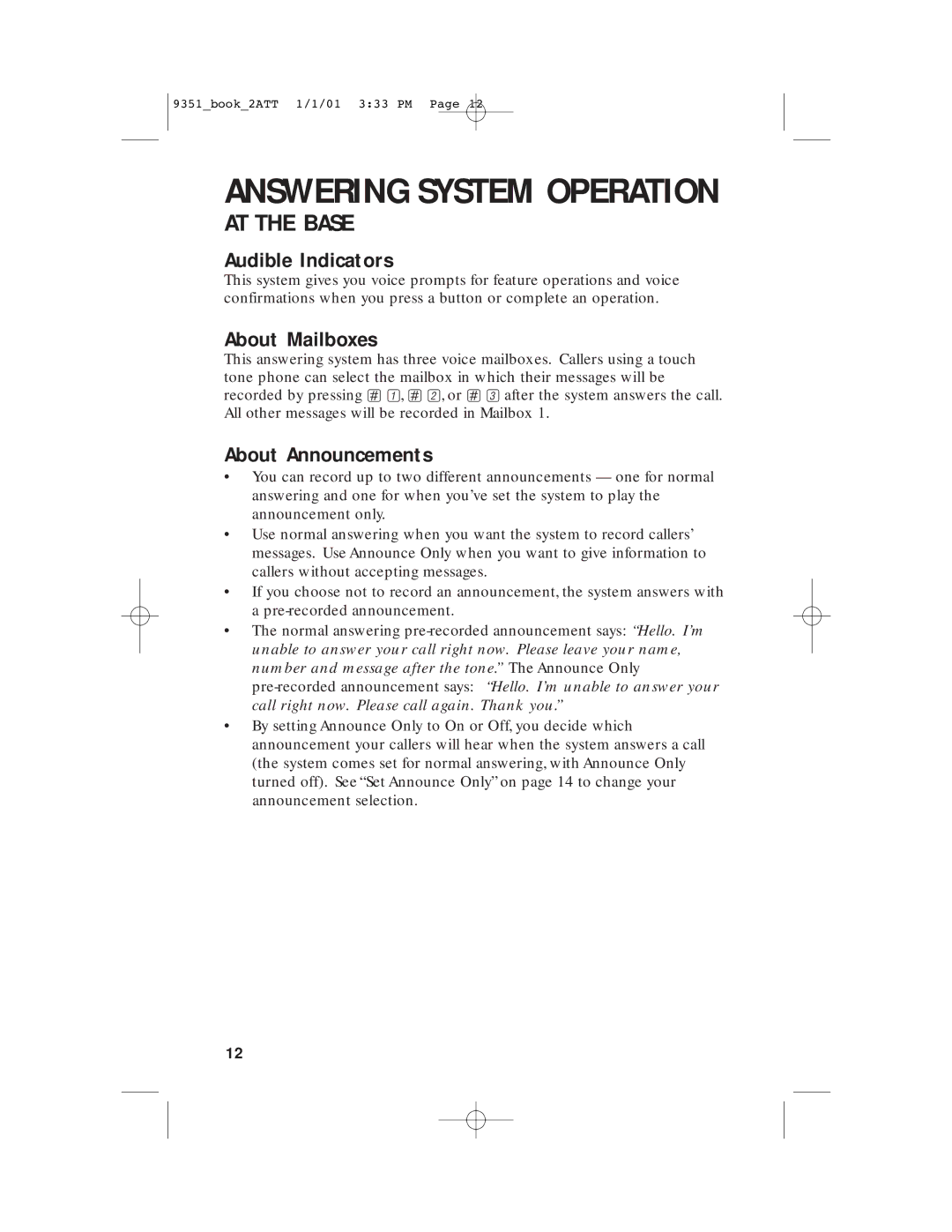 AT&T 9351 user manual Answering System Operation, Audible Indicators, About Mailboxes, About Announcements 