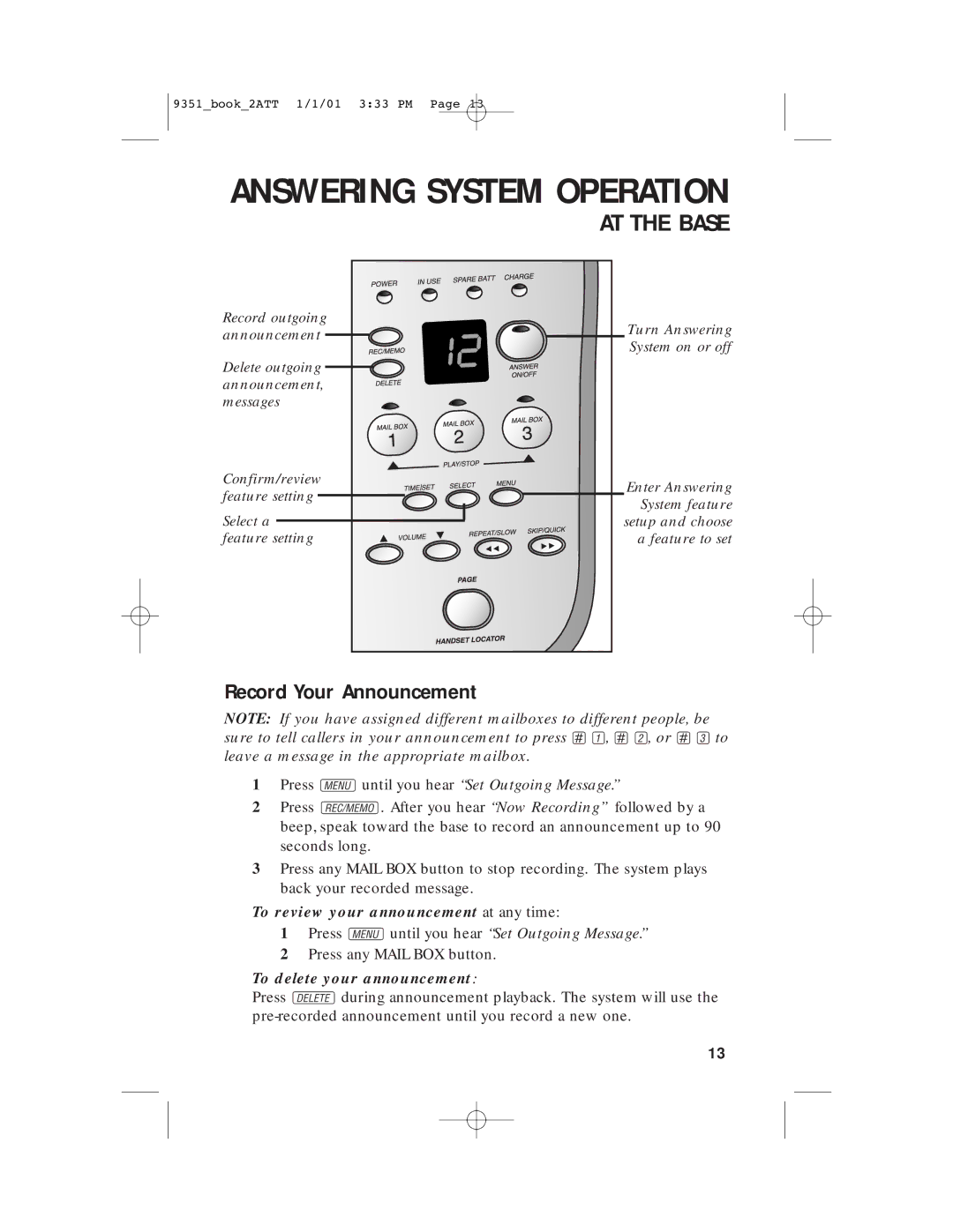 AT&T 9351 user manual Record Your Announcement, Press Uuntil you hear Set Outgoing Message 