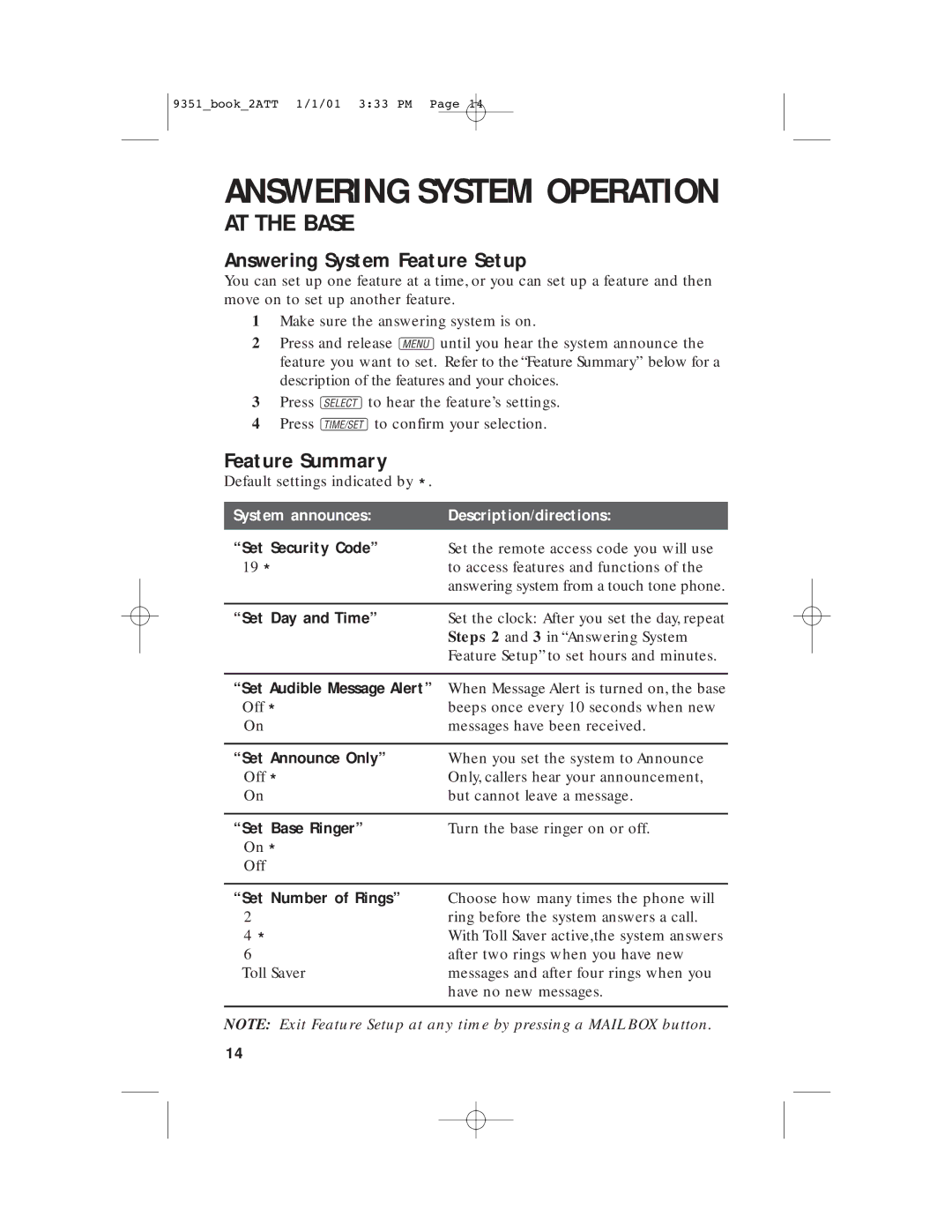 AT&T 9351 user manual Answering System Feature Setup, Feature Summary 