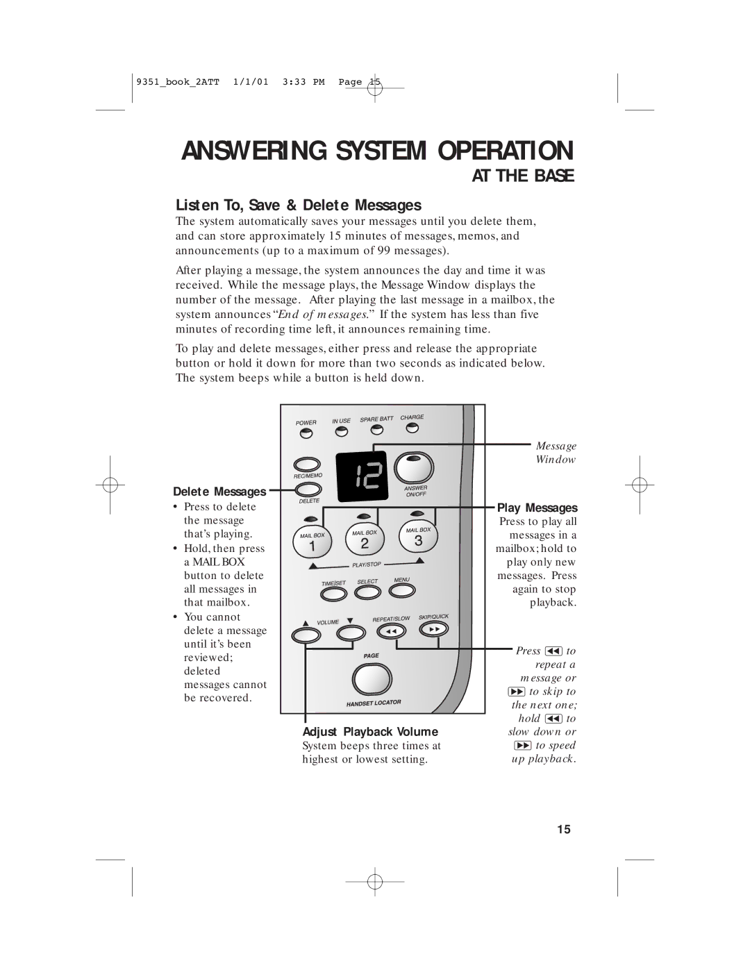 AT&T 9351 user manual Listen To, Save & Delete Messages, Adjust Playback Volume, Play Messages 