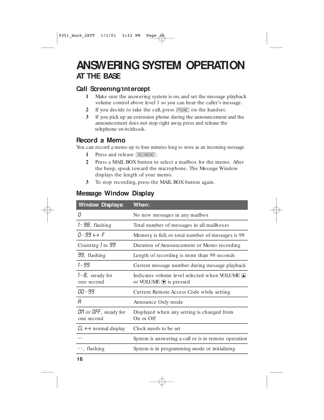 AT&T 9351 user manual Call Screening/Intercept, Record a Memo, Message Window Display 