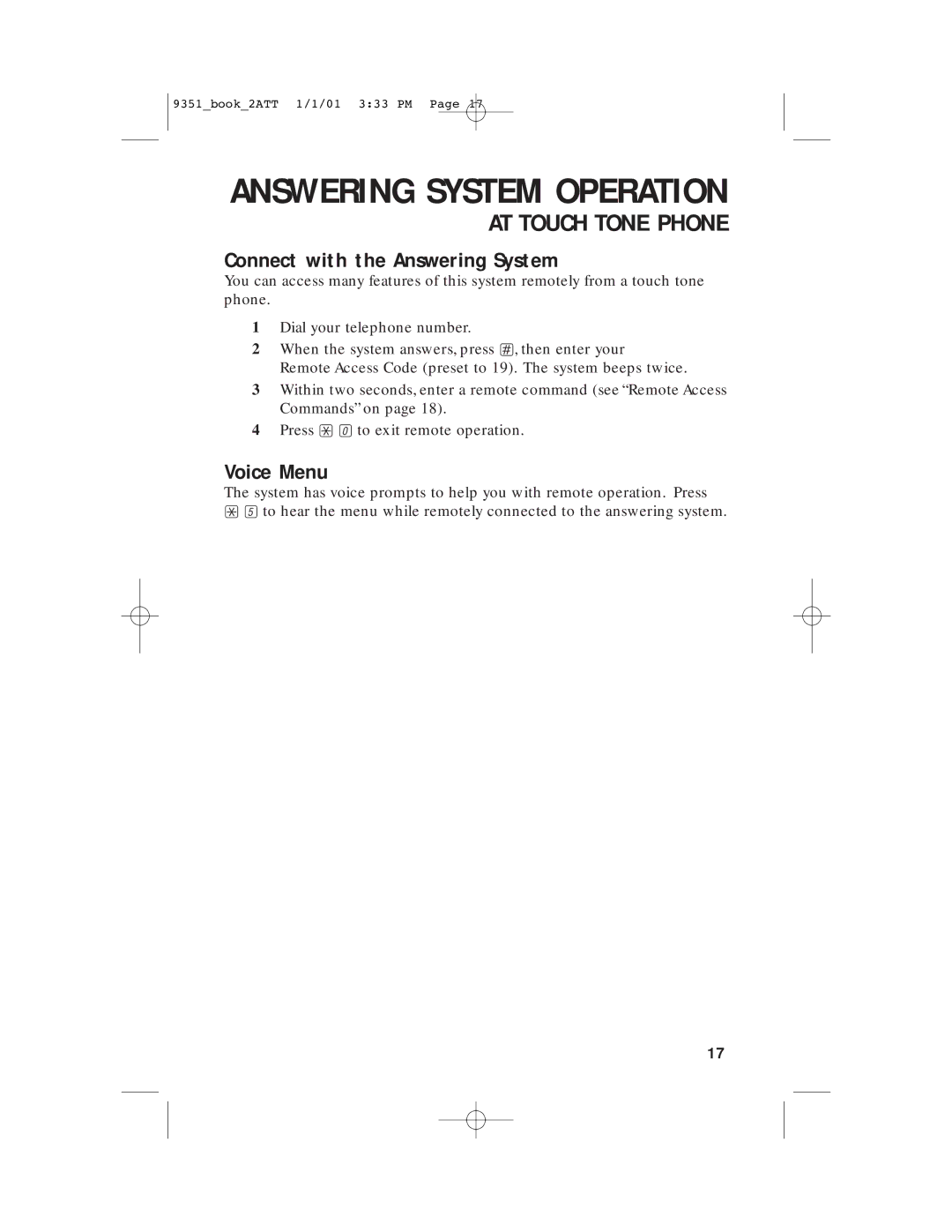 AT&T 9351 user manual Connect with the Answering System, Voice Menu 