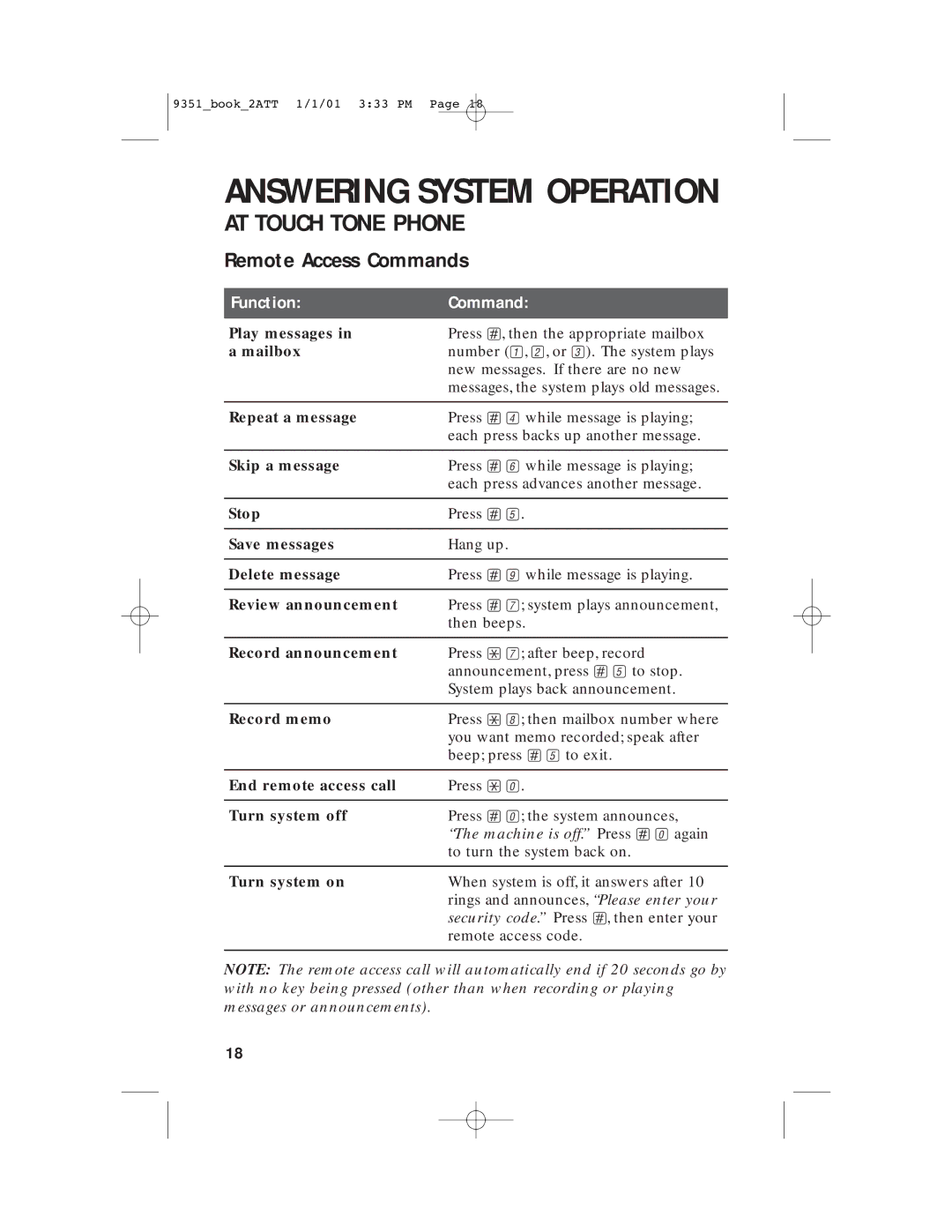 AT&T 9351 user manual Remote Access Commands 