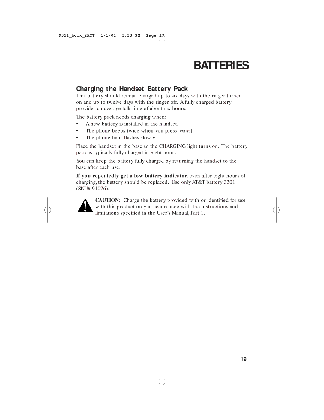 AT&T 9351 user manual Batteries, Charging the Handset Battery Pack 