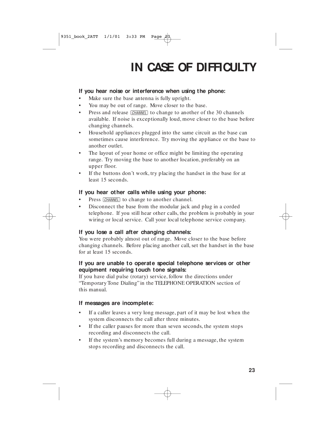 AT&T 9351 If you hear noise or interference when using the phone, If you hear other calls while using your phone 