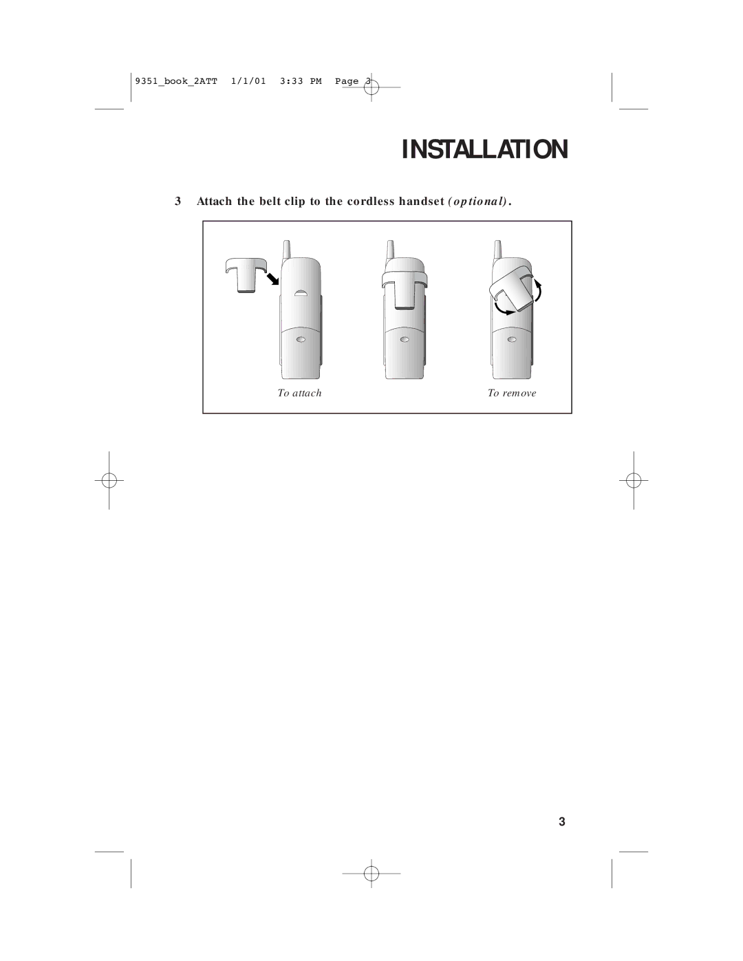 AT&T 9351 user manual Attach the belt clip to the cordless handset optional 