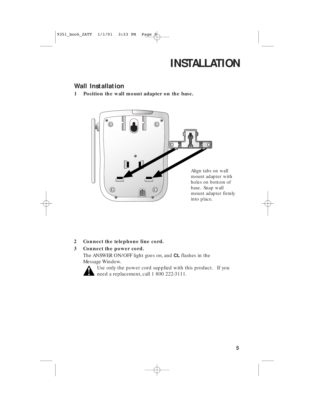 AT&T 9351 user manual Wall Installation, Position the wall mount adapter on the base 