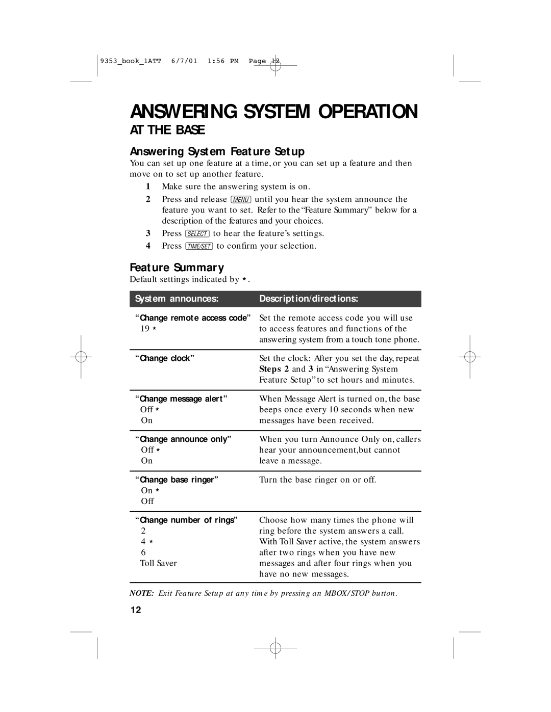 AT&T 9353 user manual Answering System Feature Setup, Feature Summary 