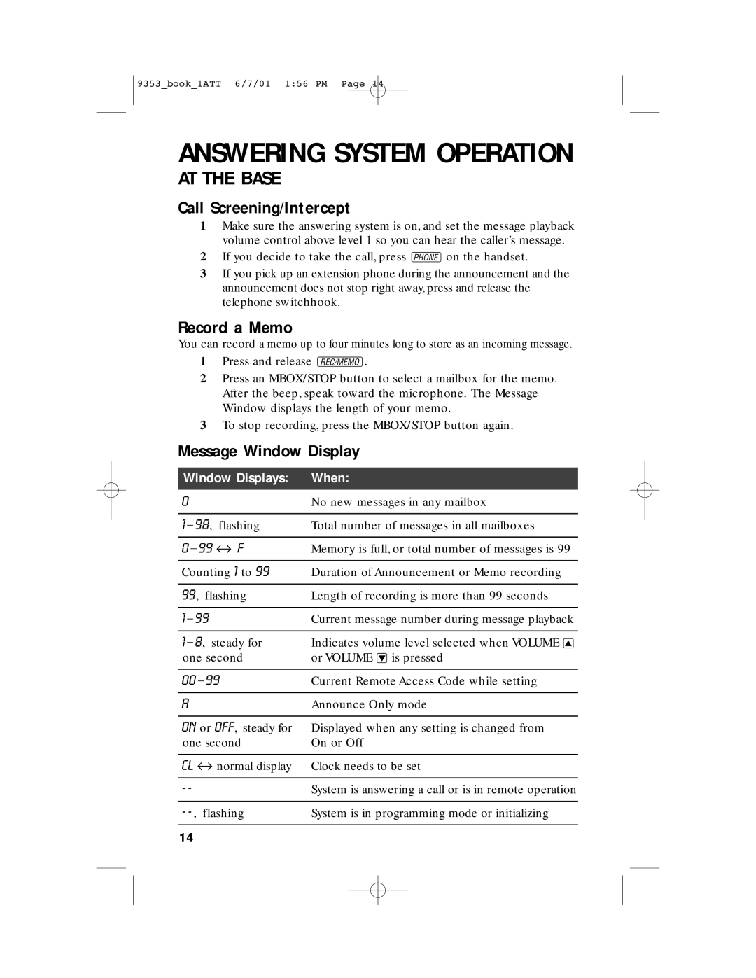 AT&T 9353 user manual Call Screening/Intercept, Record a Memo, Message Window Display 