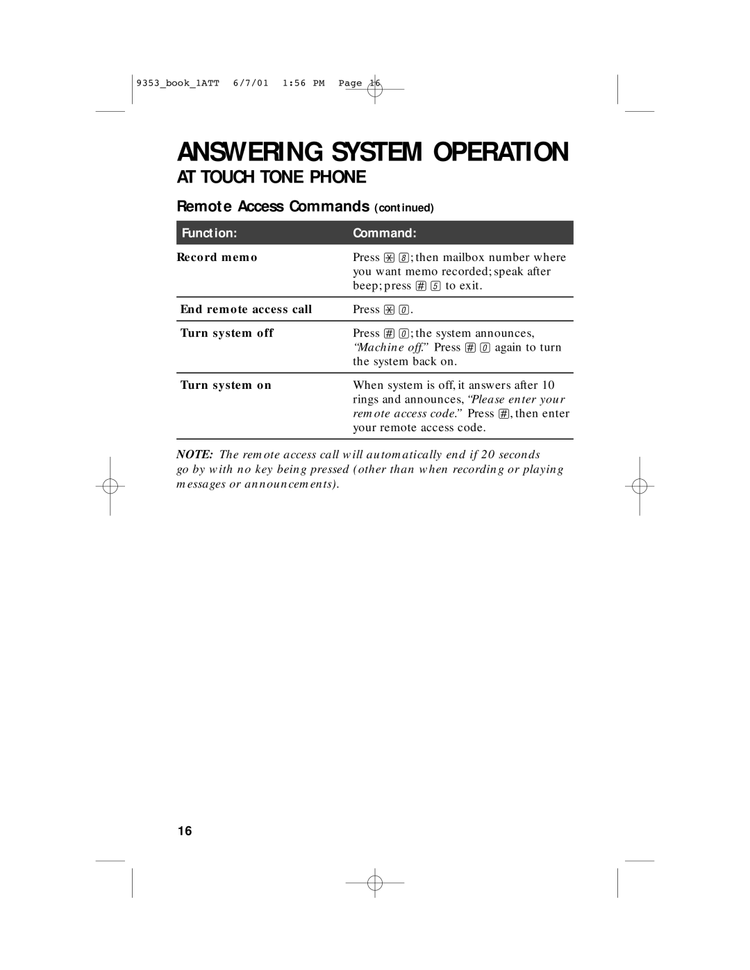 AT&T 9353 user manual Record memo, End remote access call, Turn system off, Turn system on 