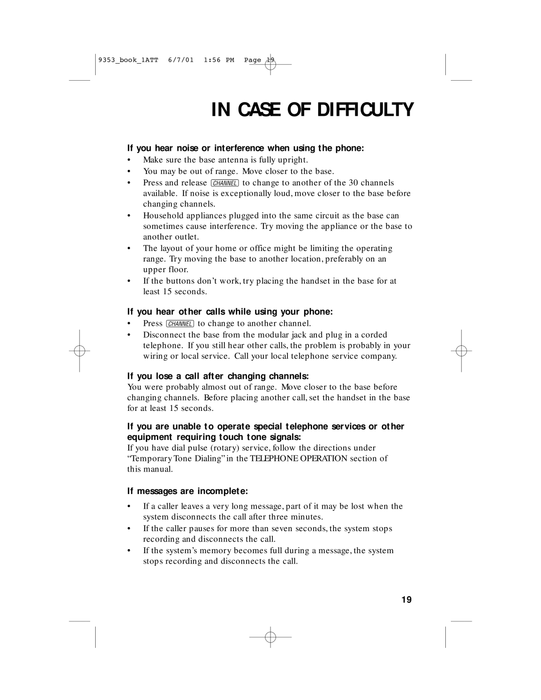 AT&T 9353 If you hear noise or interference when using the phone, If you hear other calls while using your phone 