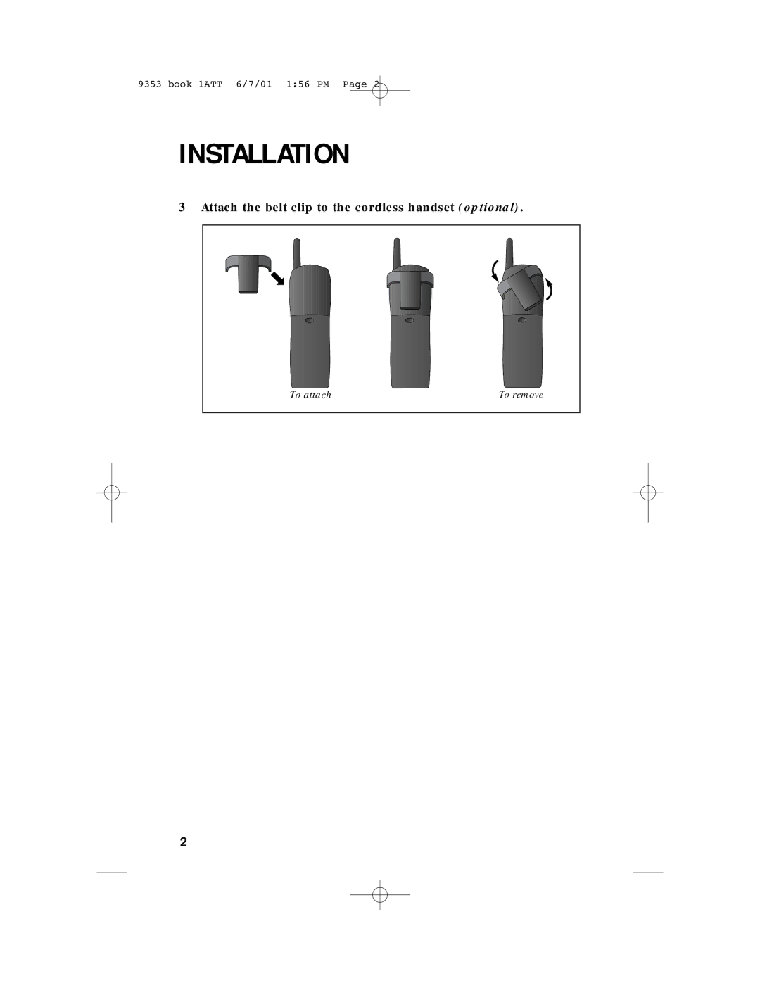 AT&T 9353 user manual Attach the belt clip to the cordless handset optional 